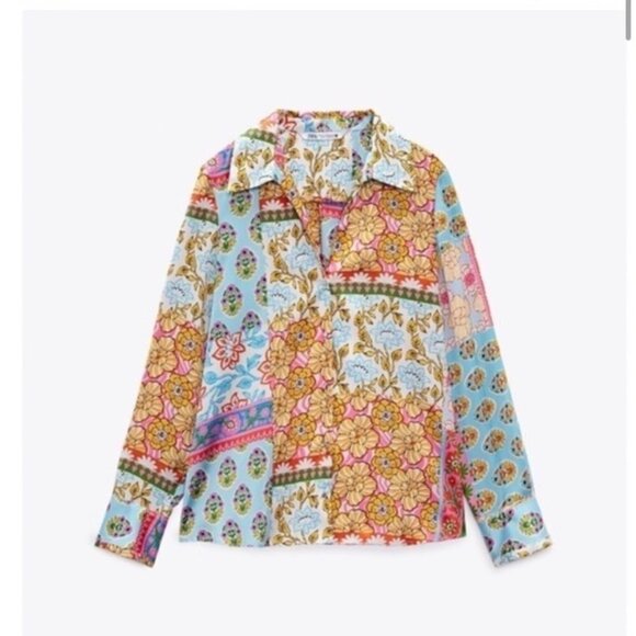 Zara Patchwork Printed Button Up Shirt Long Sleeve Colorful Womens Medium Satin - Picture 1 of 12